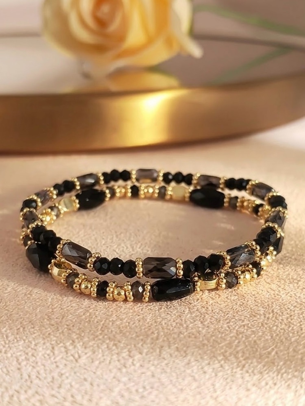 Gold & Black Beaded Bracelet Set Elegant Stacking Bracelets